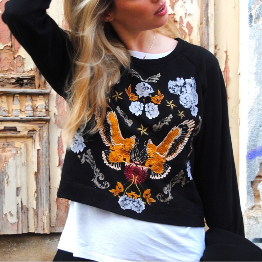 This is a black Zara TRF embroidered eagle sweatshirt.
